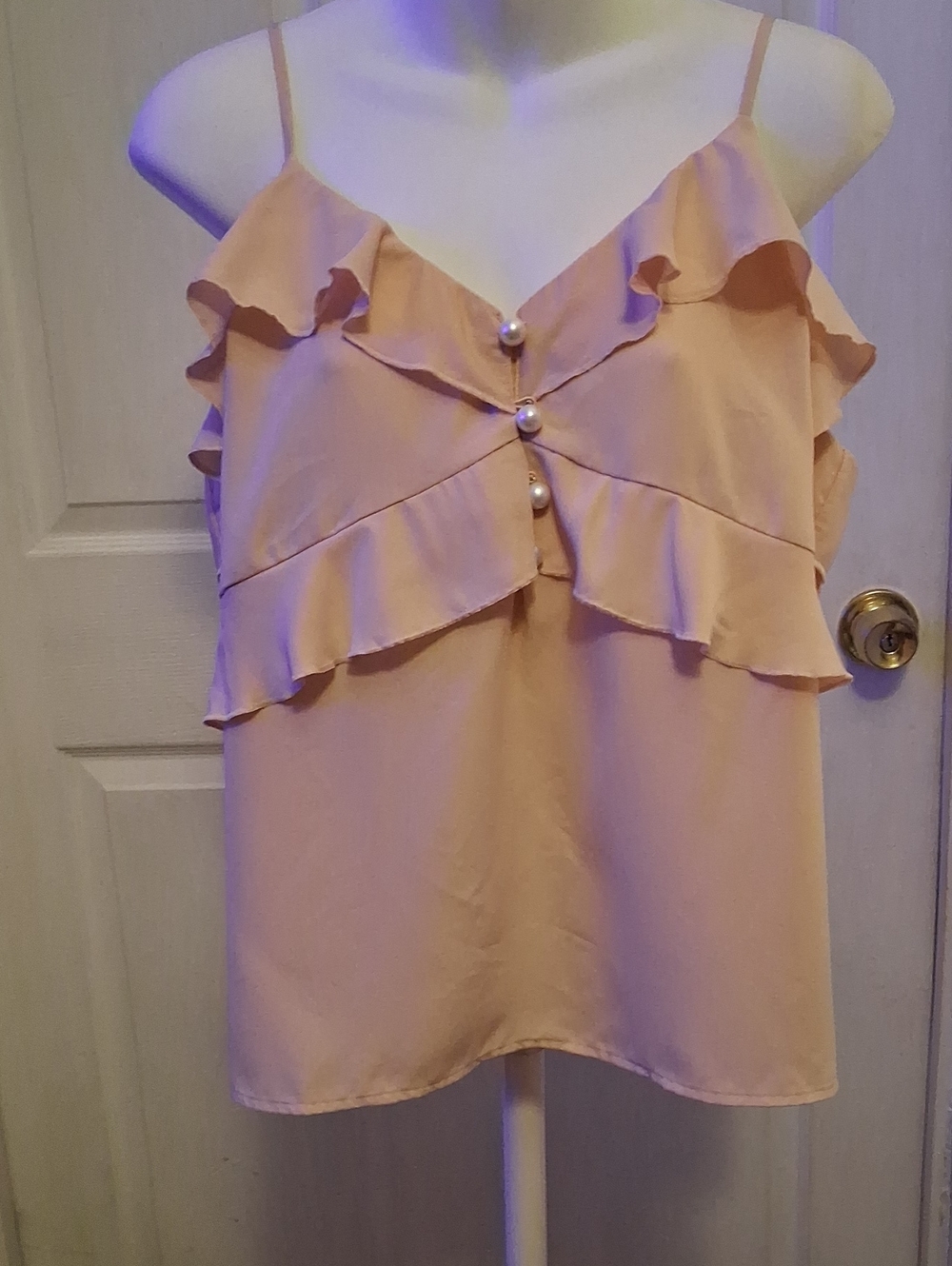 Express Women’s Ruffle Pearl-Button Spaghetti Strap Top - Peach